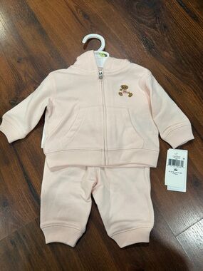NWT Polo Ralph Lauren Baby Girl's 2-Piece Polo Bear Hoodie & Joggers Set 3M pink